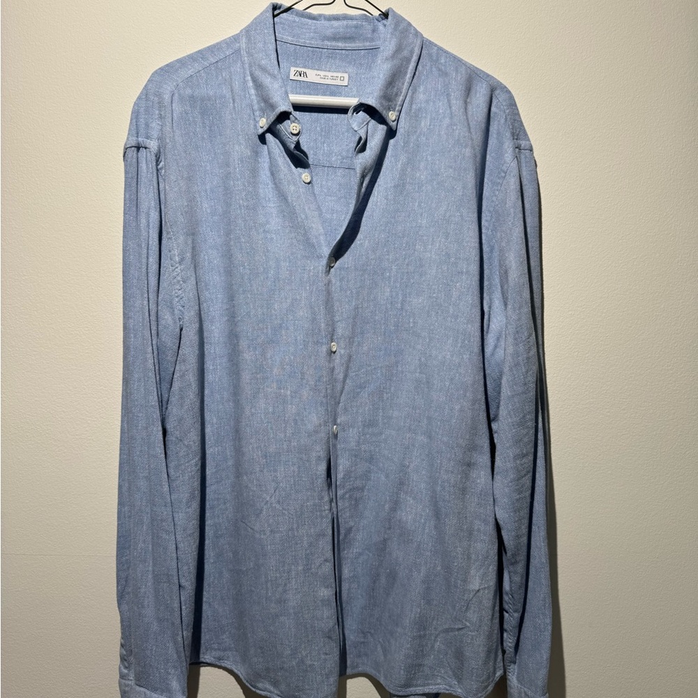 Zara Men's Sky Blue Button-Down Shirt Linen